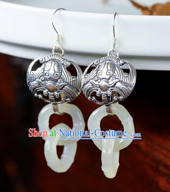 Handmade China Silver Carving Bat Ear Jewelry Accessories Traditional National Cheongsam Jade Bamboo Earrings