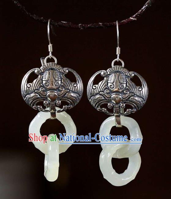 Handmade China Silver Carving Bat Ear Jewelry Accessories Traditional National Cheongsam Jade Bamboo Earrings