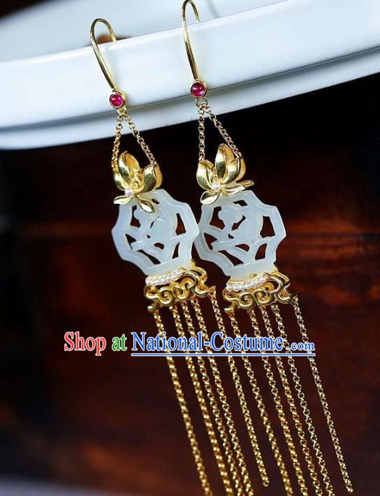 Handmade China Jade Carving Ear Jewelry Accessories Traditional National Cheongsam Golden Orchids Earrings