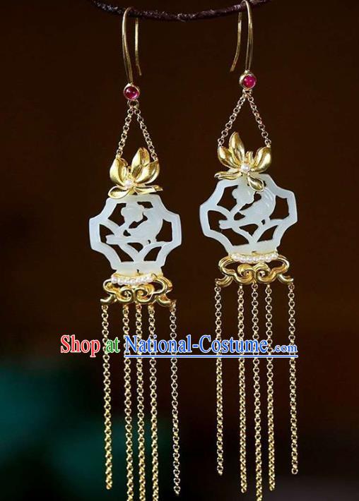 Handmade China Jade Carving Ear Jewelry Accessories Traditional National Cheongsam Golden Orchids Earrings