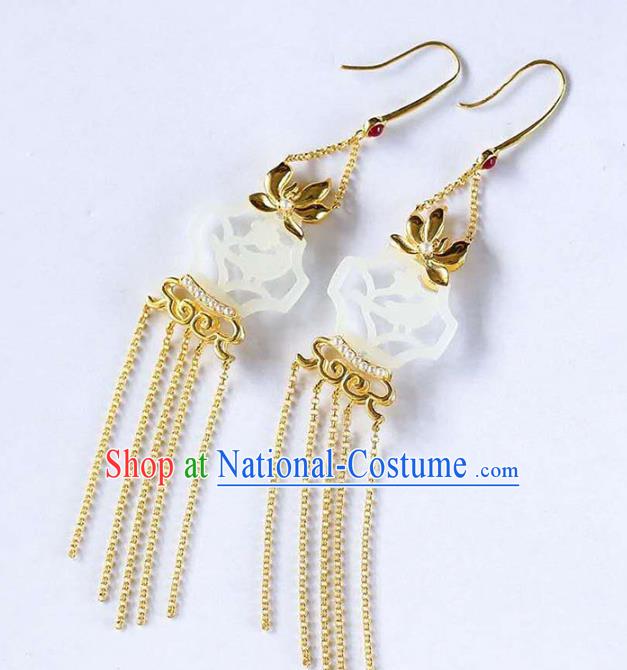 Handmade China Jade Carving Ear Jewelry Accessories Traditional National Cheongsam Golden Orchids Earrings