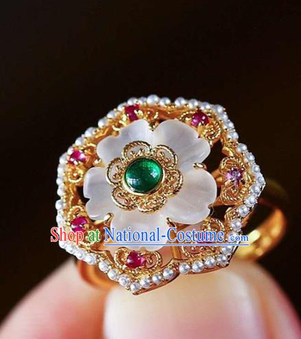 China National White Crystal Flower Ring Jewelry Traditional Handmade Pearls Golden Circlet Accessories