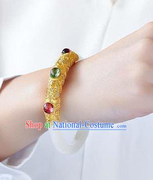 China Handmade Golden Gems Bracelet Traditional Jewelry Accessories National White Jade Bangle