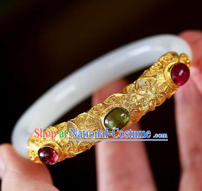 China Handmade Golden Gems Bracelet Traditional Jewelry Accessories National White Jade Bangle