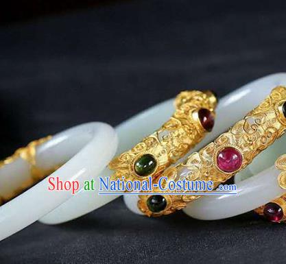 China Handmade Golden Gems Bracelet Traditional Jewelry Accessories National White Jade Bangle