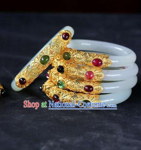 China Handmade Golden Gems Bracelet Traditional Jewelry Accessories National White Jade Bangle