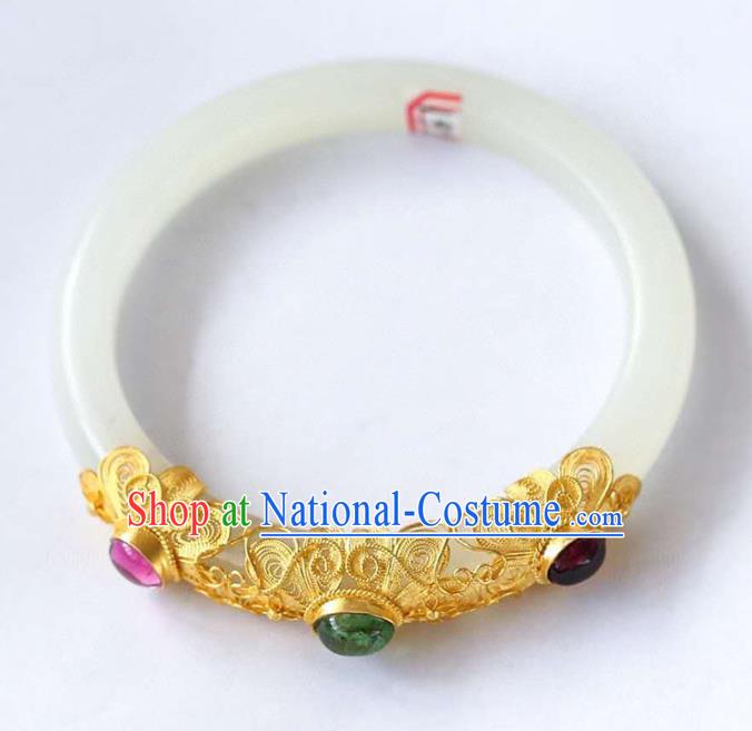 China Handmade Golden Gems Bracelet Traditional Jewelry Accessories National White Jade Bangle