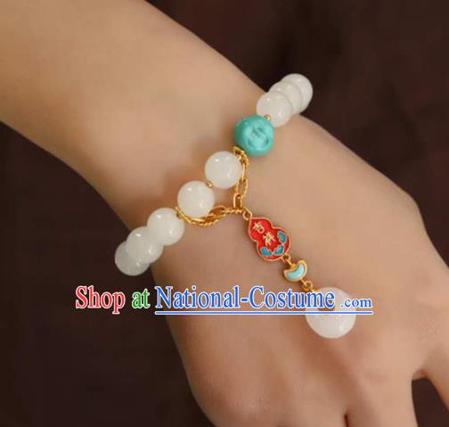 China Handmade White Jade Beads Bracelet Traditional Jewelry Accessories National Enamel Red Gourd Bangle