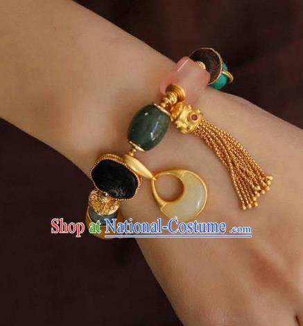 China Handmade Golden Tassel Bracelet Traditional Jewelry Accessories National Colorful Stone Bangle