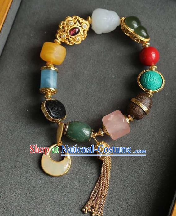 China Handmade Golden Tassel Bracelet Traditional Jewelry Accessories National Colorful Stone Bangle