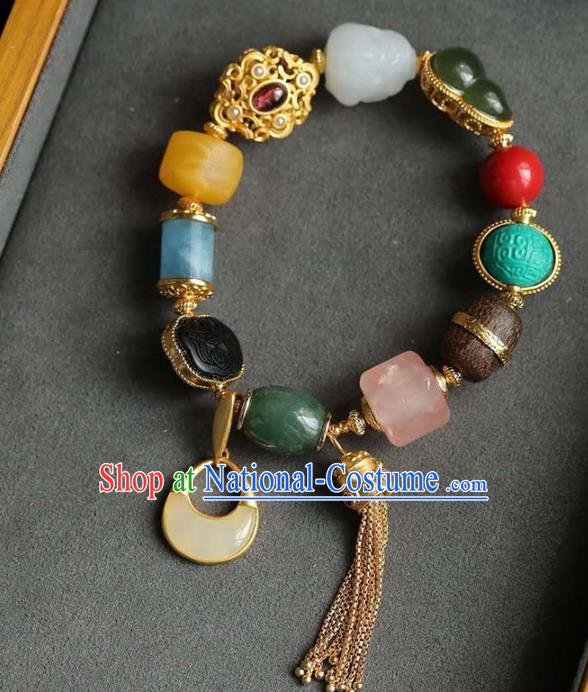 China Handmade Golden Tassel Bracelet Traditional Jewelry Accessories National Colorful Stone Bangle