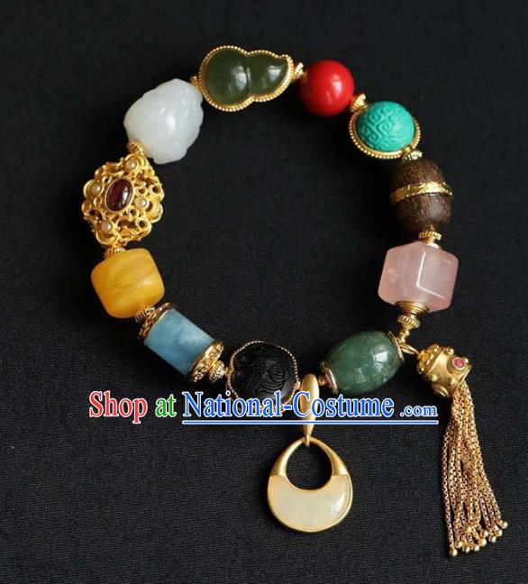 China Handmade Golden Tassel Bracelet Traditional Jewelry Accessories National Colorful Stone Bangle