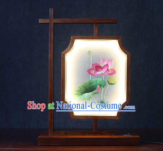 Chinese Handmade Rosewood Table Screen Traditional Embroidered Lotus Lantern National Desk Ornament