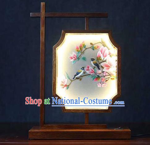 Chinese Traditional Embroidered Mangnolia Lantern National Desk Ornament Handmade Rosewood Table Screen