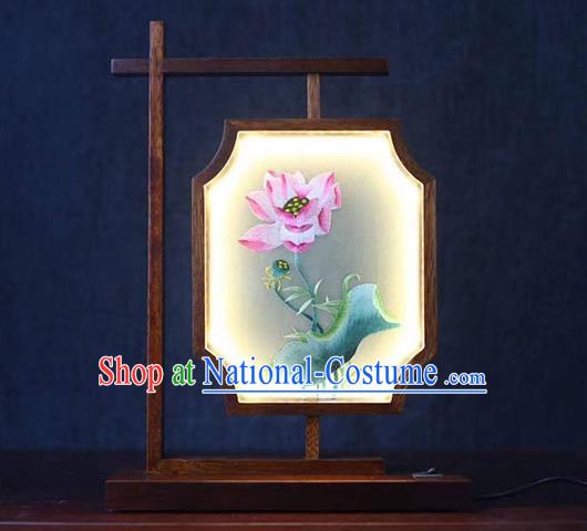 Chinese National Desk Lamp Ornament Handmade Rosewood Table Screen Traditional Embroidered Lotus Lantern