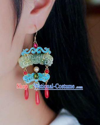 Handmade China Qing Dynasty Palace Ear Jewelry Accessories Traditional Cheongsam Blueing Jade Earrings