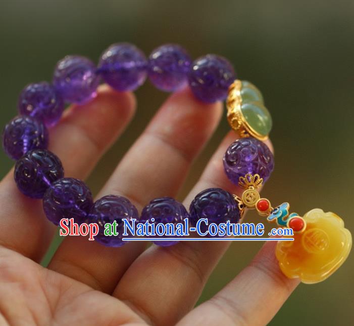 China Handmade Amethyst Beads Bracelet Traditional Jewelry Accessories National Beeswax Bangle