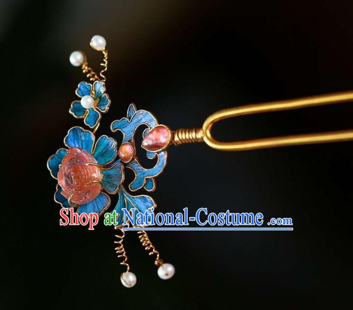 Chinese Traditional Blueing Peony Hair Jewelry Handmade Qing Dynasty Empress Tourmaline Hairpin