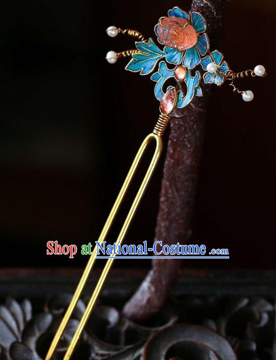 Chinese Traditional Blueing Peony Hair Jewelry Handmade Qing Dynasty Empress Tourmaline Hairpin