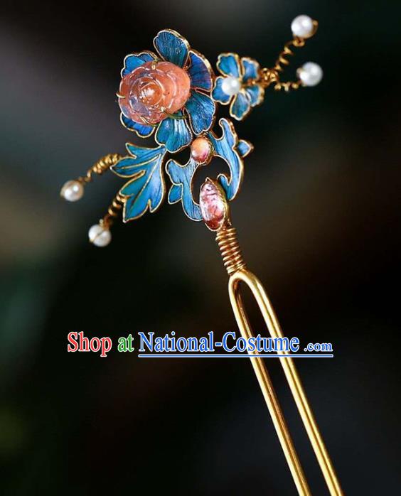 Chinese Traditional Blueing Peony Hair Jewelry Handmade Qing Dynasty Empress Tourmaline Hairpin