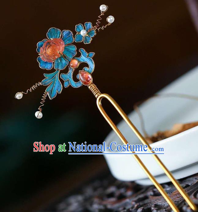 Chinese Traditional Blueing Peony Hair Jewelry Handmade Qing Dynasty Empress Tourmaline Hairpin