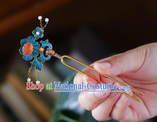 Chinese Traditional Blueing Peony Hair Jewelry Handmade Qing Dynasty Empress Tourmaline Hairpin