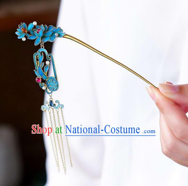 Chinese Traditional Qing Dynasty Blueing Lotus Hair Jewelry Handmade Ancient Empress Tassel Hairpin