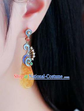 Handmade China Qing Dynasty Yellow Jadeite Ear Jewelry Accessories Traditional Cheongsam Cloisonne Earrings