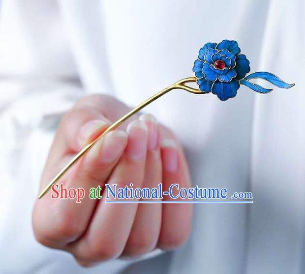 Chinese Traditional Qing Dynasty Tourmaline Hair Jewelry Handmade Ancient Empress Blue Peony Hairpin