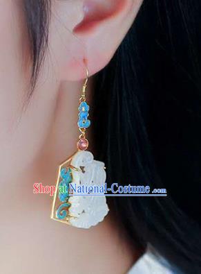 Handmade China Tourmaline Ear Jewelry Accessories Traditional Cheongsam White Jade Carving Earrings