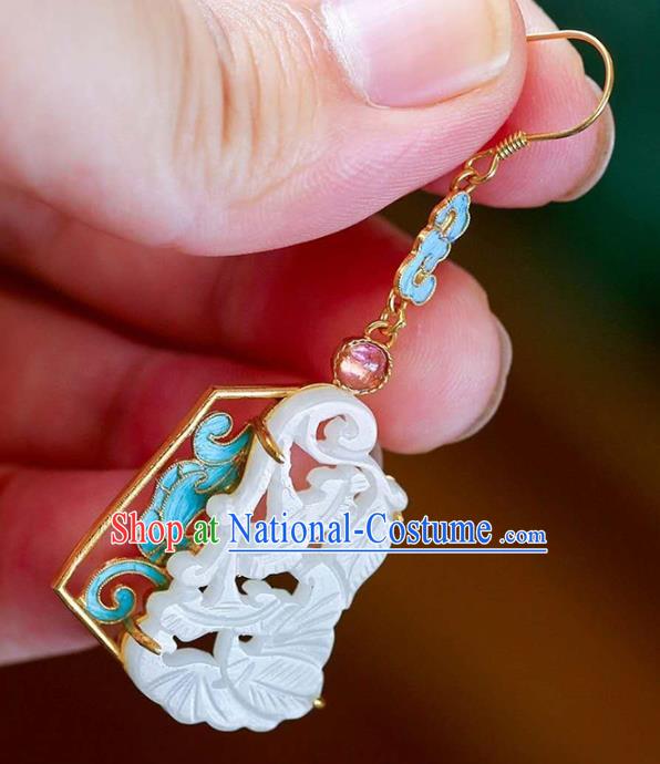 Handmade China Tourmaline Ear Jewelry Accessories Traditional Cheongsam White Jade Carving Earrings