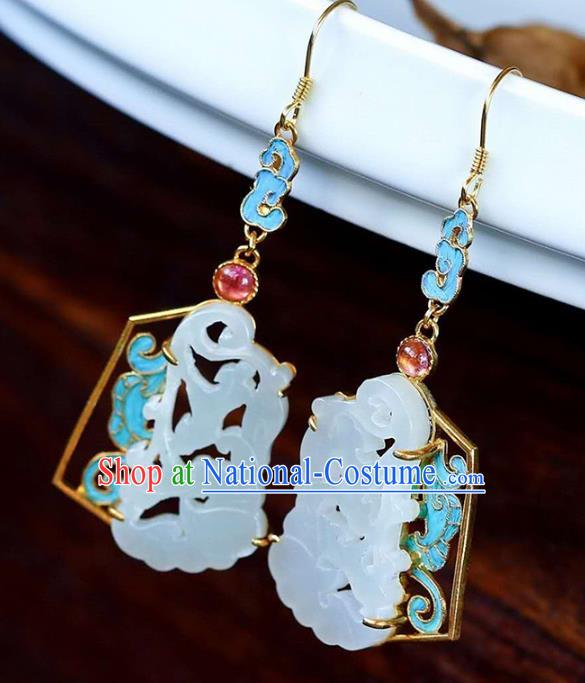 Handmade China Tourmaline Ear Jewelry Accessories Traditional Cheongsam White Jade Carving Earrings