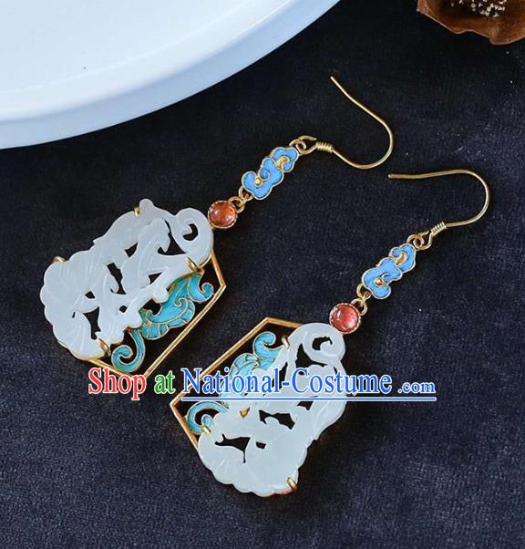 Handmade China Tourmaline Ear Jewelry Accessories Traditional Cheongsam White Jade Carving Earrings