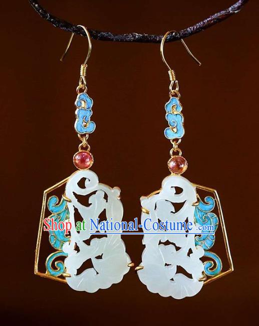 Handmade China Tourmaline Ear Jewelry Accessories Traditional Cheongsam White Jade Carving Earrings