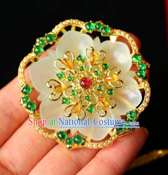 Chinese National Classical Jade Carving Flower Necklace Accessories Handmade Golden Necklet Pendant