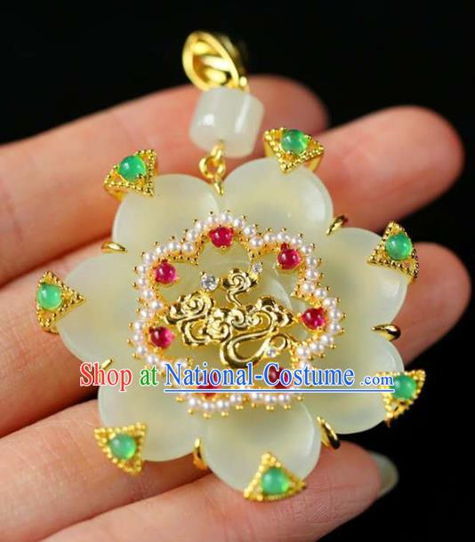 Chinese National Classical Pearls Necklace Accessories Handmade Jade Flower Golden Necklet Pendant