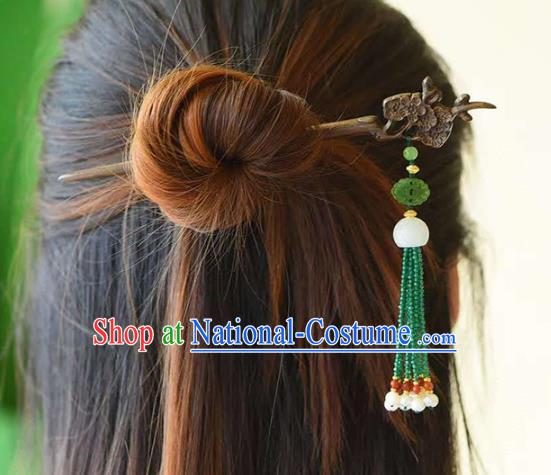 Chinese Traditional Green Beads Tassel Hairpin Handmade Ebony Carving Plum Hair Accessories