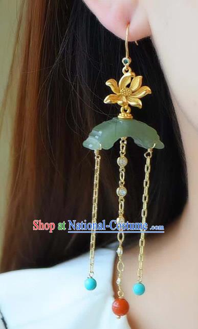 Handmade China Golden Lotus Eardrop National Jewelry Accessories Traditional Cheongsam Jade Moon Earrings