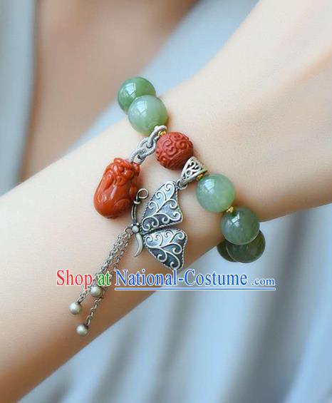 China Handmade Jade Beads Bracelet Traditional Jewelry Accessories National Silver Butterfly Tassel Bangle