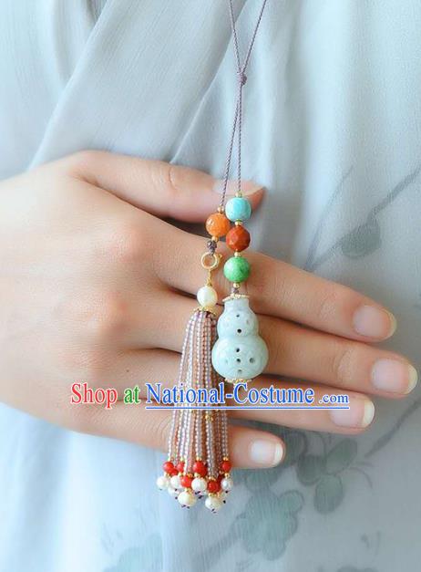 Chinese National Classical Jade Carving Gourd Necklace Accessories Handmade Pearls Tassel Necklet Pendant