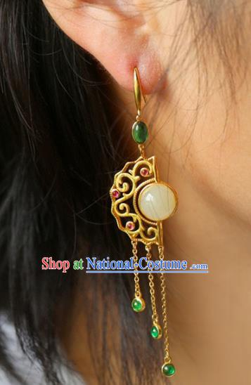 Handmade China National Jewelry Accessories Traditional Cheongsam Jade Earrings Chrysoprase Tassel Eardrop