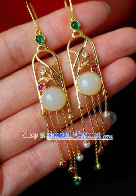 Handmade China Traditional Cheongsam Gems Tassel Earrings National Jewelry Accessories Golden Orchids Eardrop