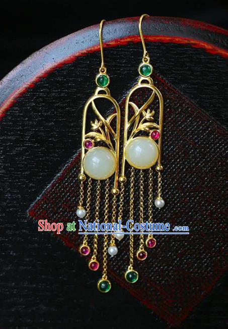 Handmade China Traditional Cheongsam Gems Tassel Earrings National Jewelry Accessories Golden Orchids Eardrop