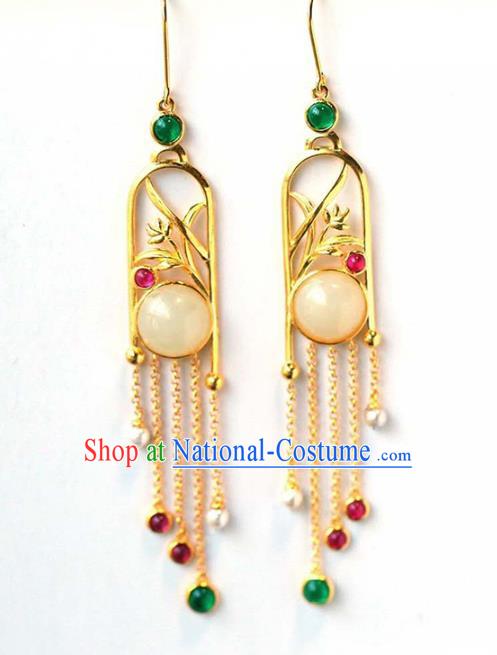 Handmade China Traditional Cheongsam Gems Tassel Earrings National Jewelry Accessories Golden Orchids Eardrop