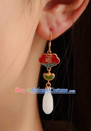 Handmade China National Cheongsam Enamel Red Earrings Traditional Jewelry Accessories Jade Mangnolia Eardrop