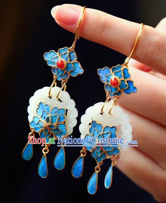 Handmade China National Cheongsam Jade Flower Earrings Traditional Jewelry Accessories Agate Eardrop