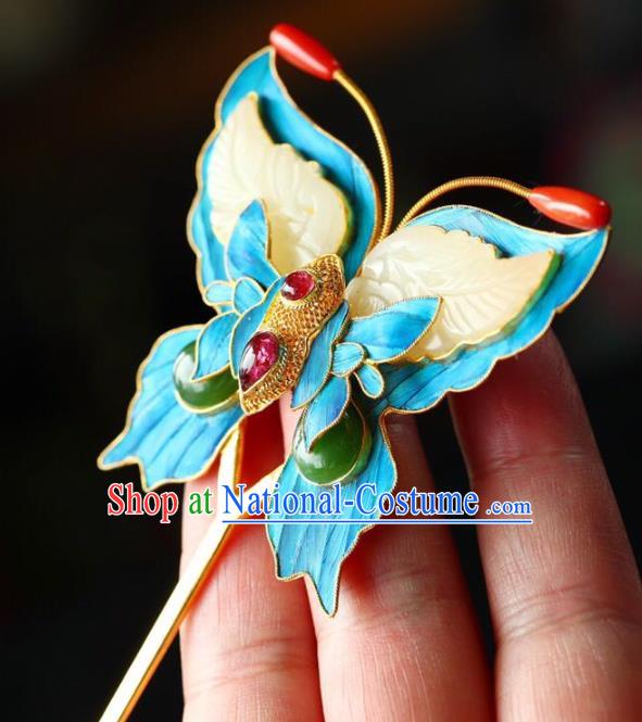 Chinese Traditional Jade Butterfly Hairpin Handmade Ancient Qing Dynasty Court Hair Accessories