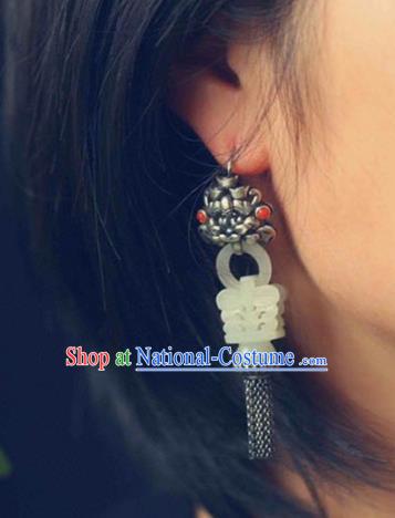 Handmade China Traditional Jade Jewelry Eardrop Accessories National Cheongsam Silver Tassel Earrings