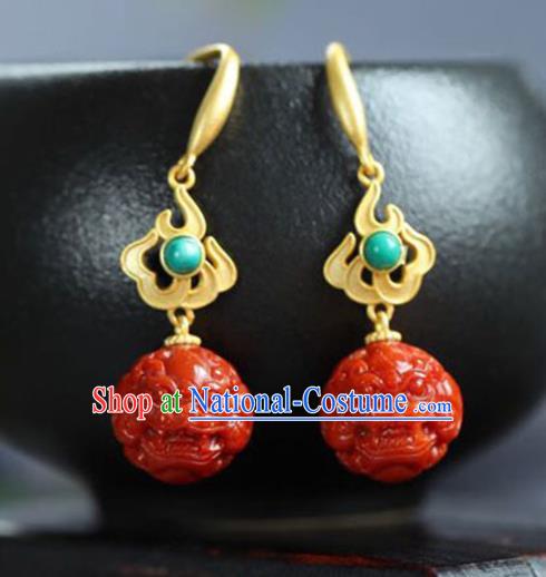 Handmade China Agate Carving Lion Eardrop Accessories Traditional Jade Jewelry National Cheongsam Calaite Earrings