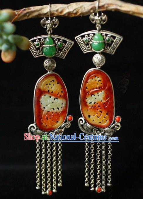 Handmade China Wedding Silver Tassel Eardrop Accessories Traditional Jade Jewelry National Cheongsam Gourd Earrings